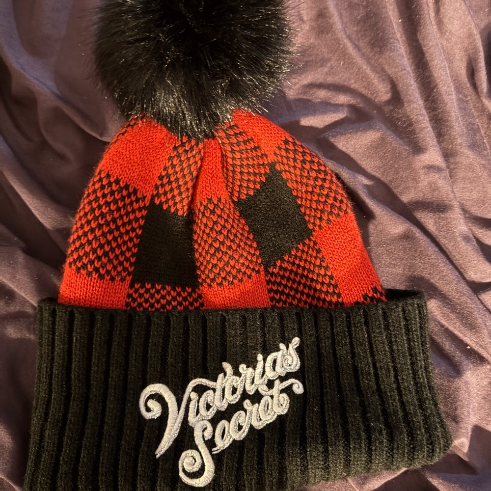 Victoria's Secret Red and Black Knit Hat